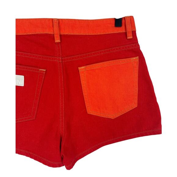 Ganni Colorblock High Rise Denim Shorts in Red/ Orange - Picture 12 of 13